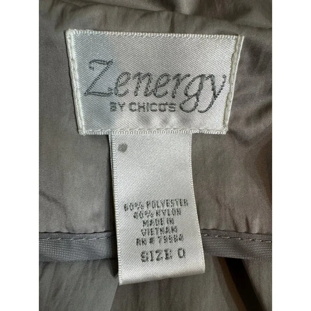 Chico's Zenergy jacket 3/4 sleeve zip collar pockets silver gray long Sz 0 US S